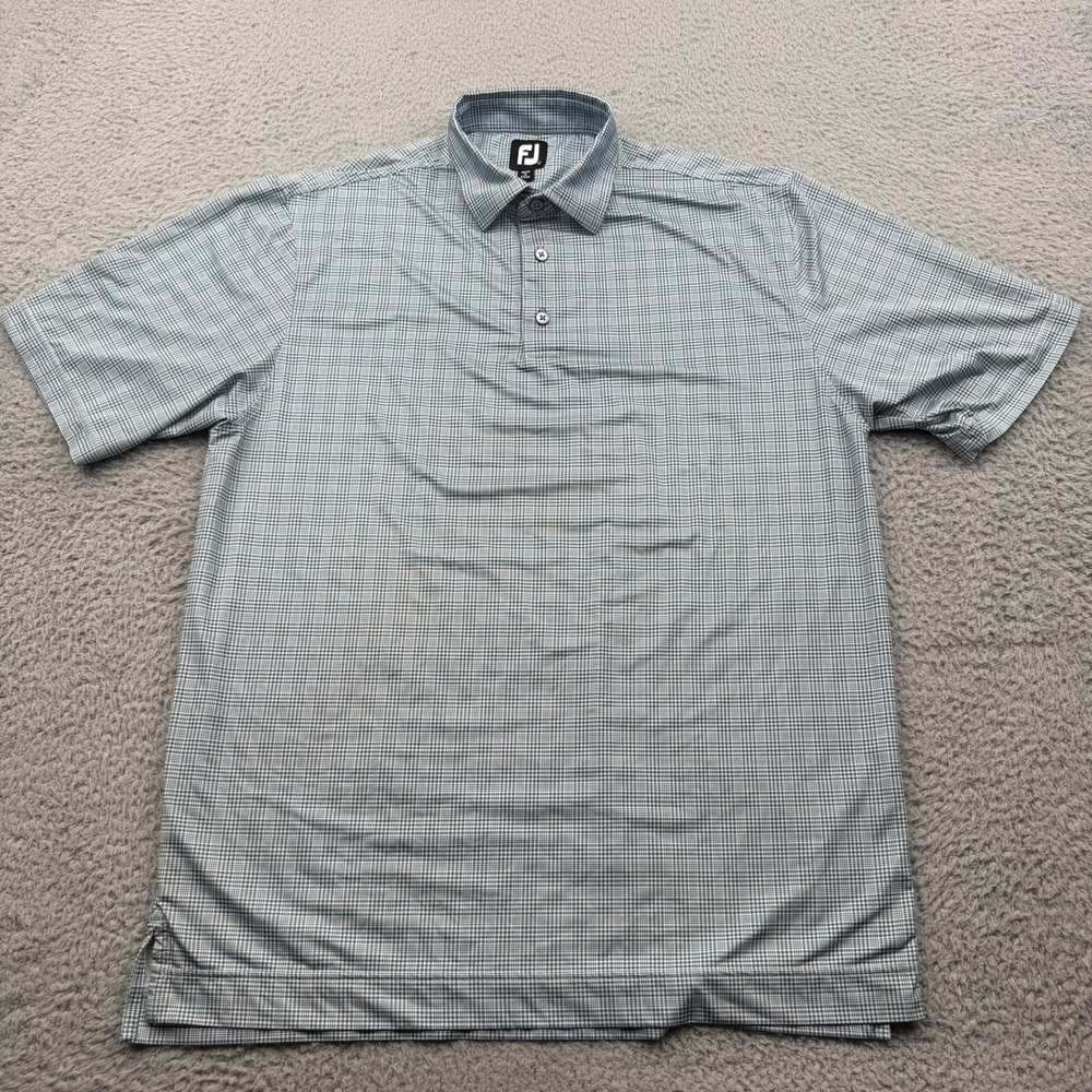 FootJoy Polo Golf Shirt Mens Large Blue Check Short Sleeve Performance 3603